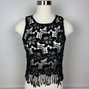 Ambiance Black Lace Sleeveless Top Fringed Size M Dark Cottagecore Whimsigoth